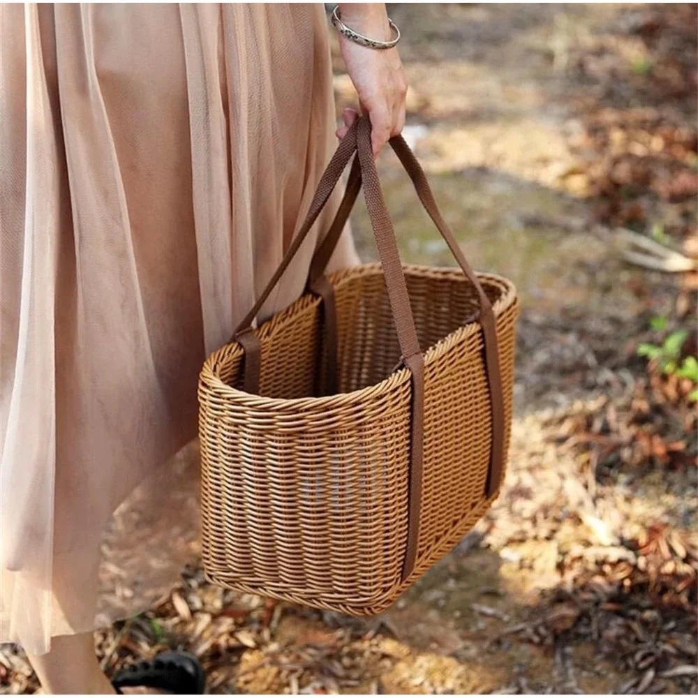 Woven Wicker Market Basket Tote Brown Plastic Rattan Picnic Bag with Handles